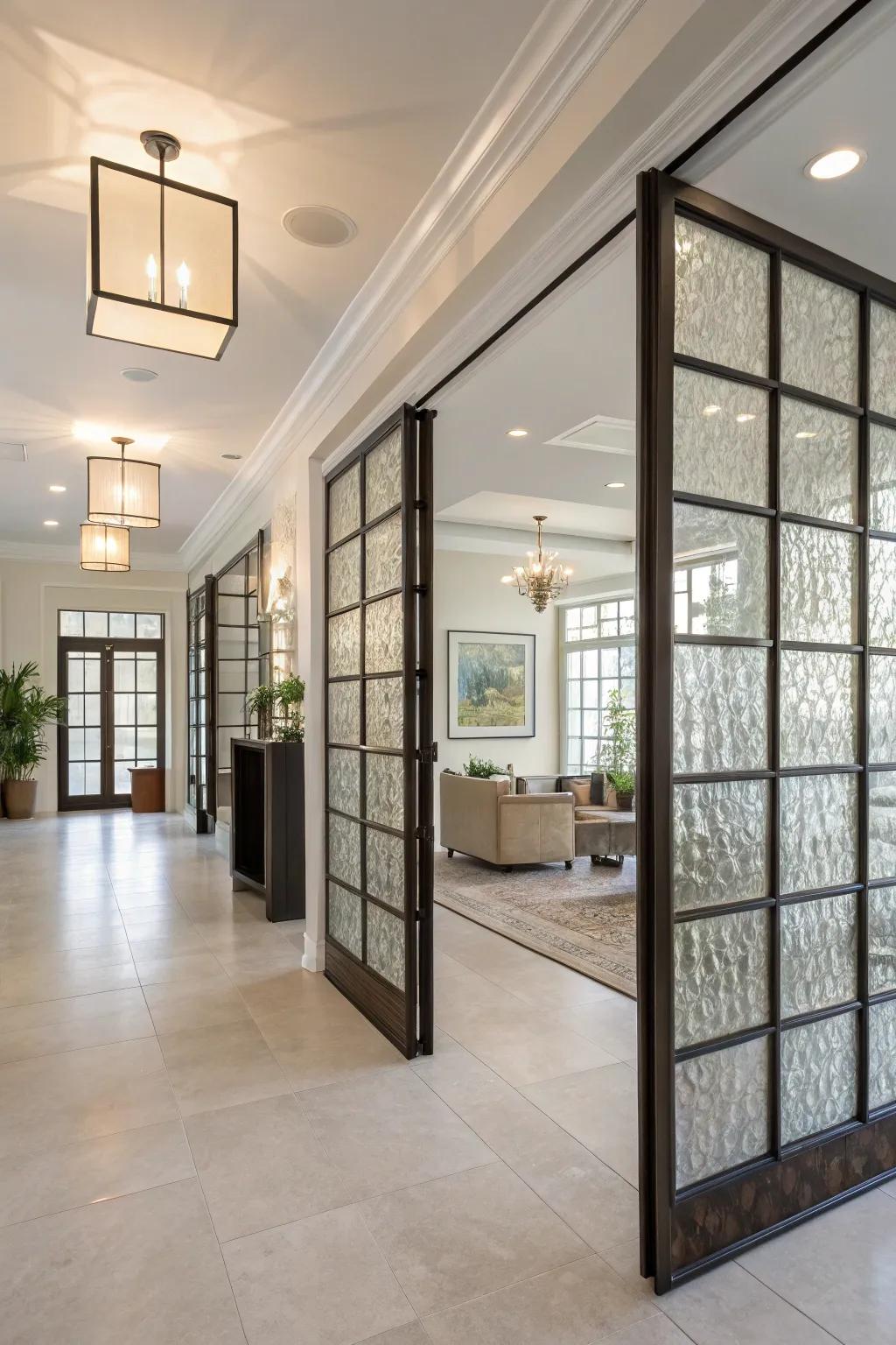 An open-concept area featuring artistic transparent block room dividers, providing separation with translucent elegance.