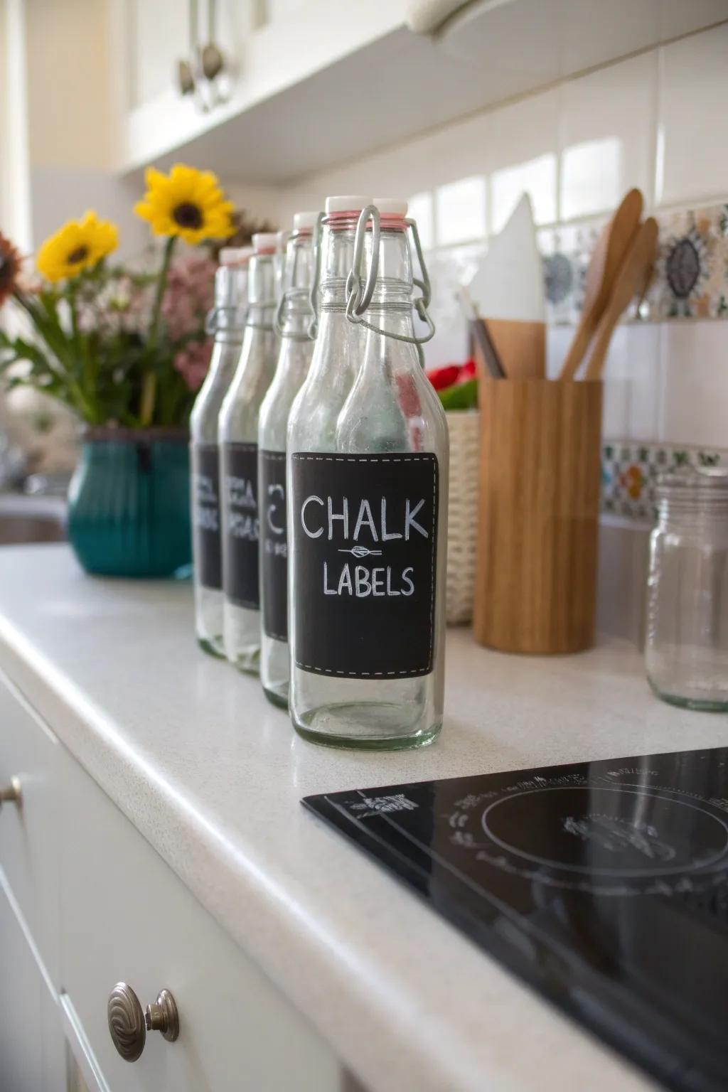 Chalkboard imprinted containers lending stylish organization.