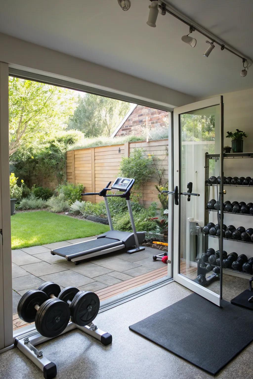 A home fitness area enhanced by the visibility of a glass panel entryway.