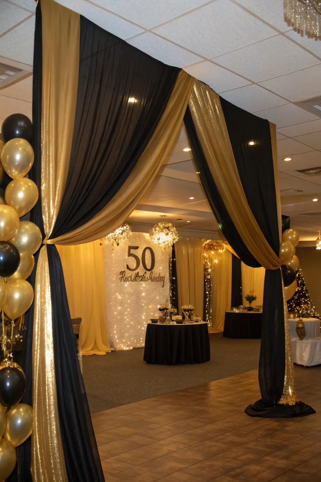Gold and black drapes, the essence of elegance and drama in the venue.