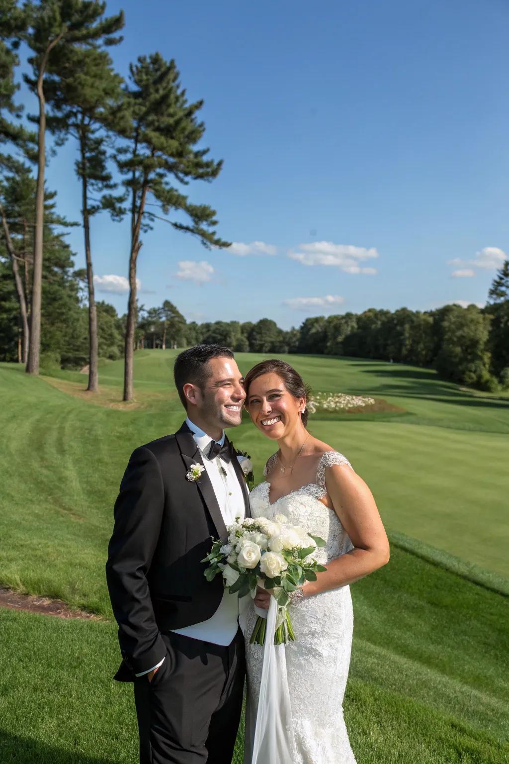 A couple poses for stunning wedding shots on a beautiful golf course.