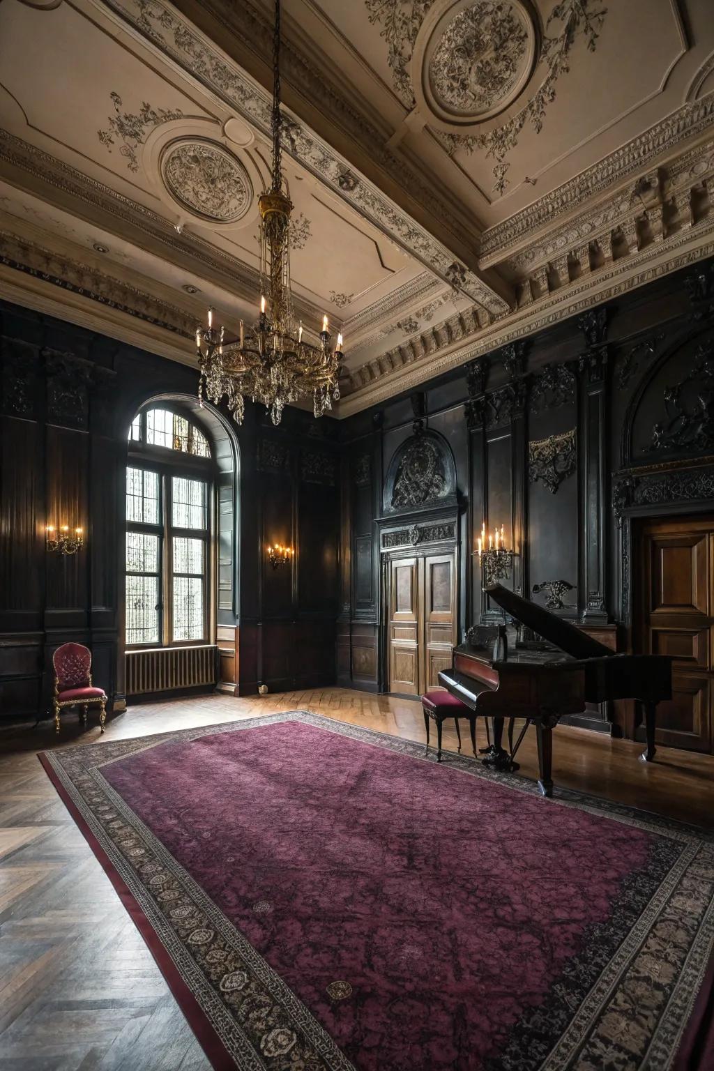 Sumptuous floor coverings that anchor a gothic chamber.