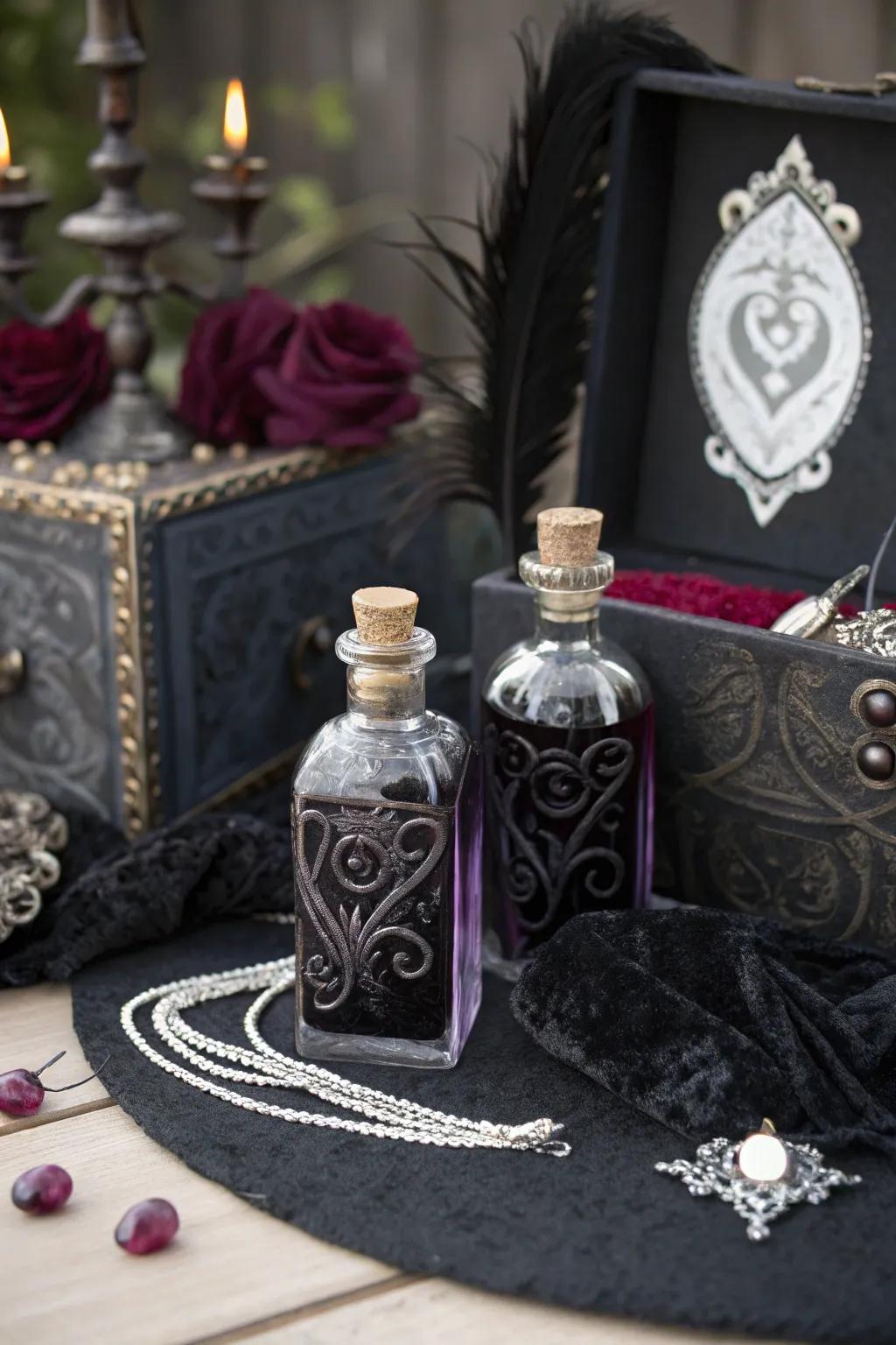 Gothic wedding tokens featuring love elixir flasks.