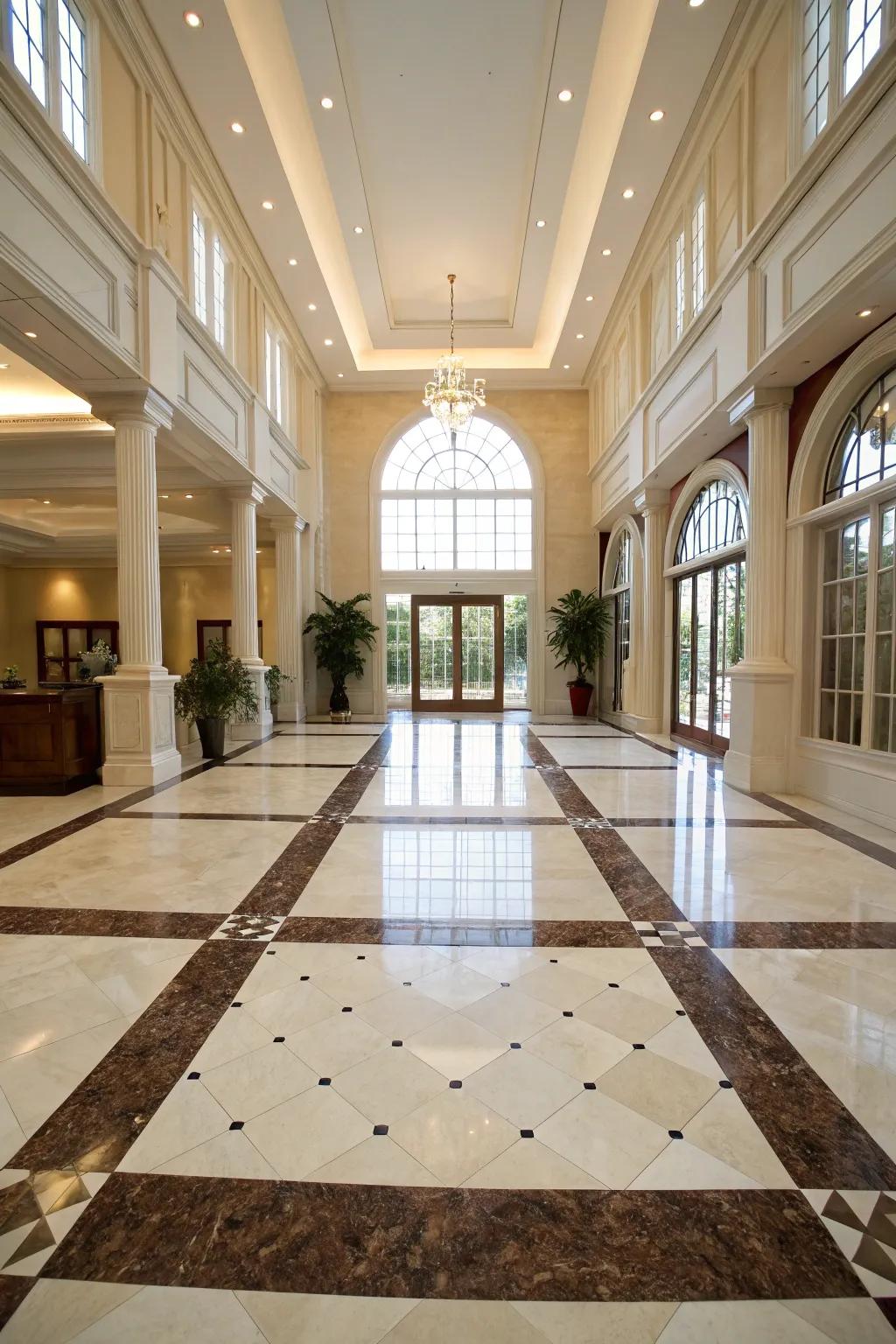 Two-tone tiles create a dynamic and stylish floor in a grand foyer.