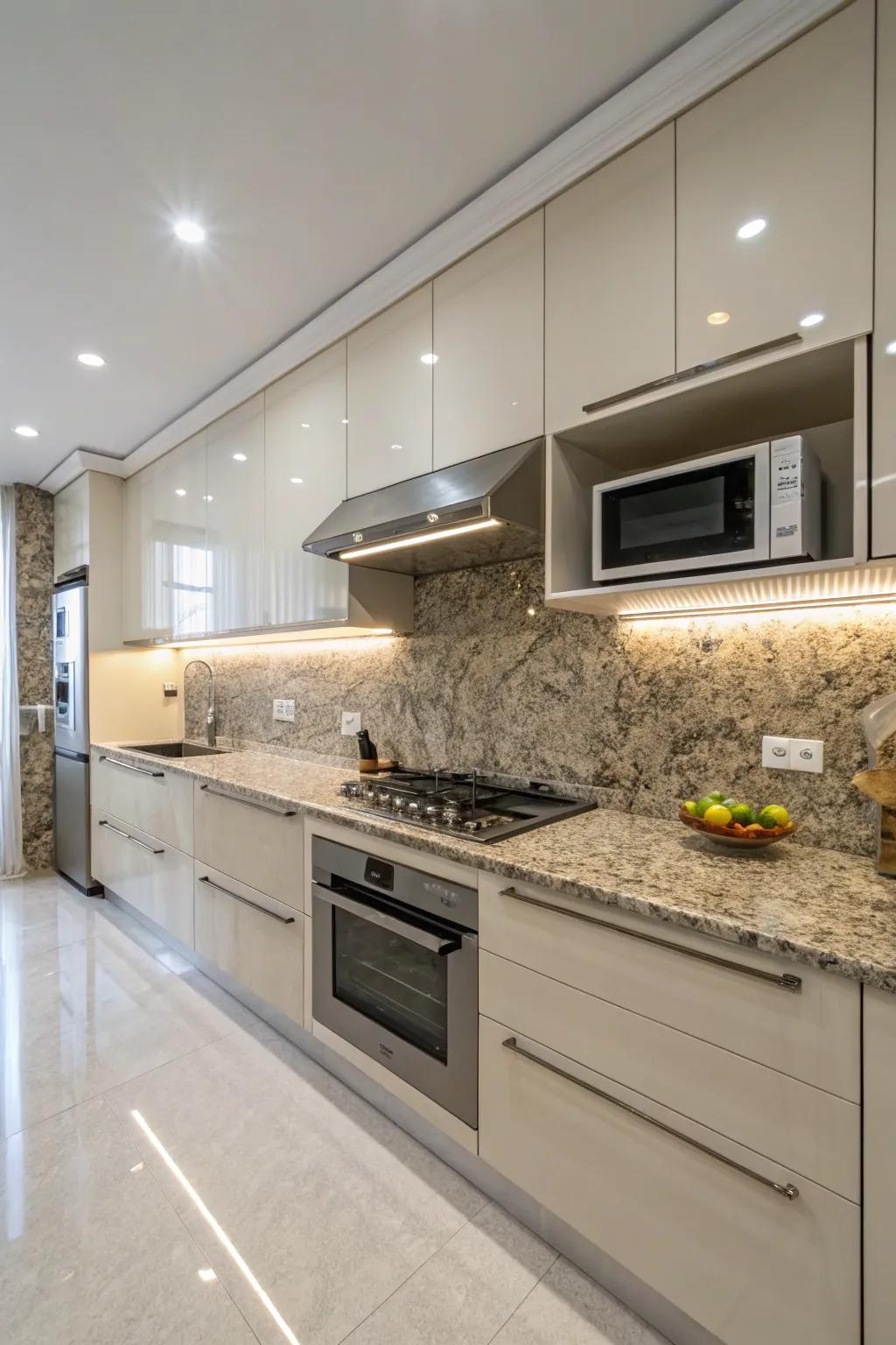 Matching granite backsplashes enhance kitchen cohesion.
