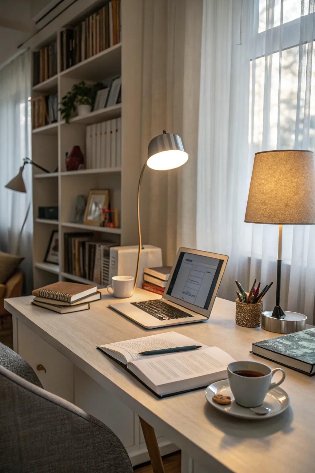 Adjustable lighting creates the perfect workspace ambiance.