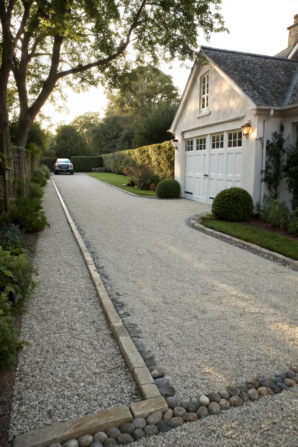 Cobblestone edging imparts ageless elegance to the driveway.