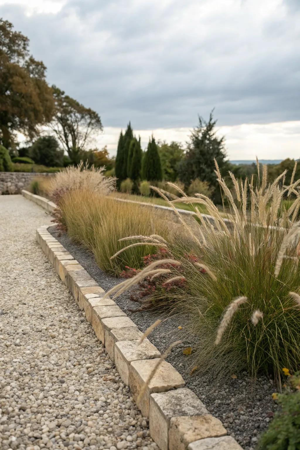 A textured pebble flower bed featuring ornamental grasses