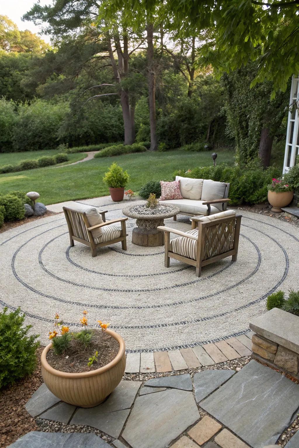 A gravel patio with a distinctive ring-shaped design, perfect for gatherings.