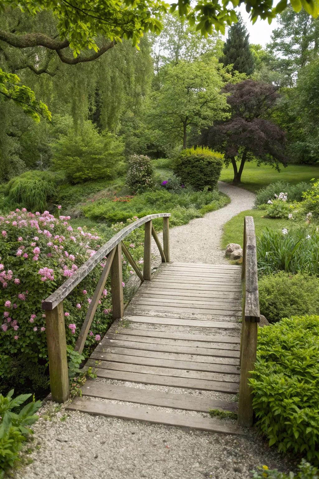 A quaint garden bridge over a gravel walkway