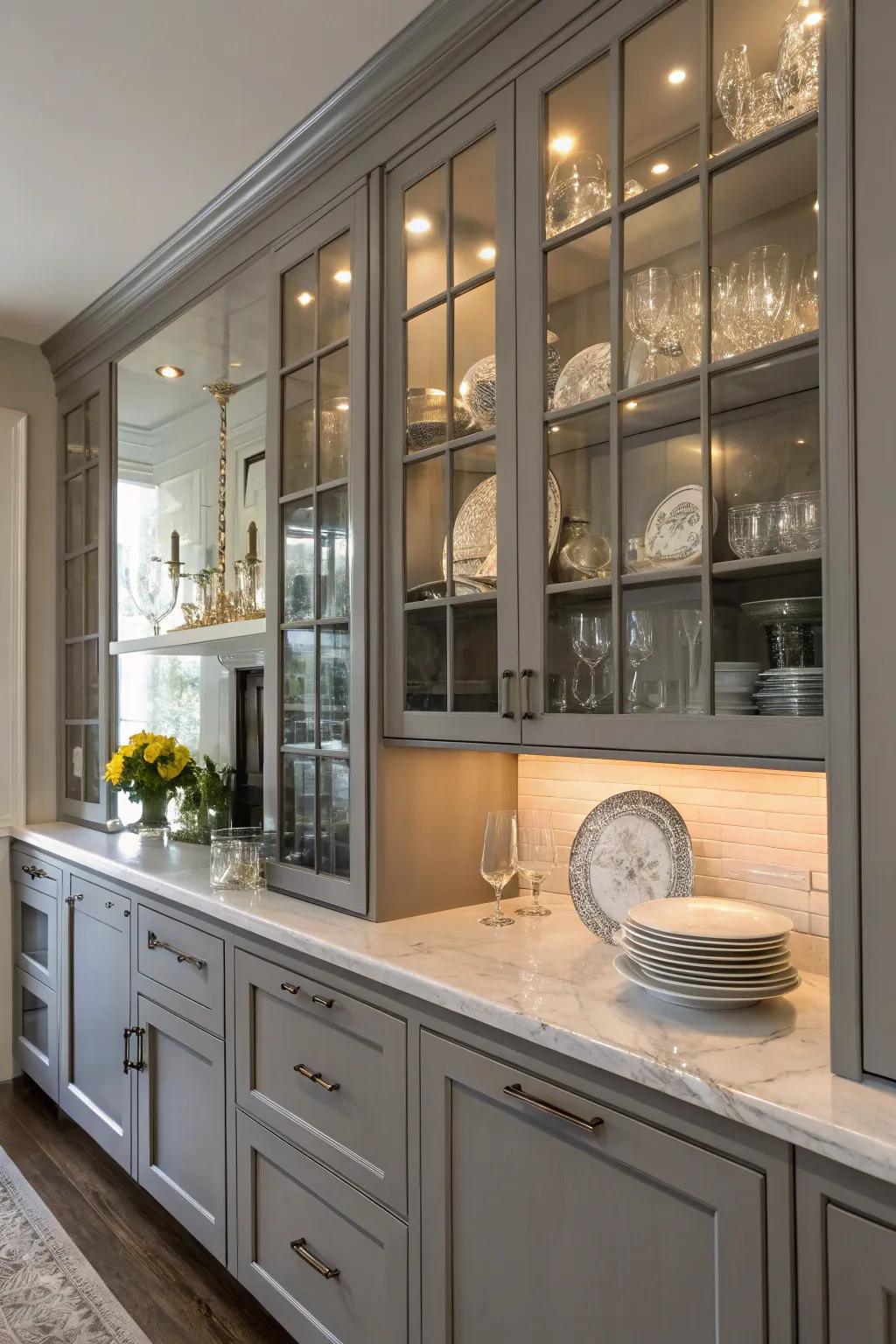 See-through-front cabinets add openness and style to gray cabinetry.