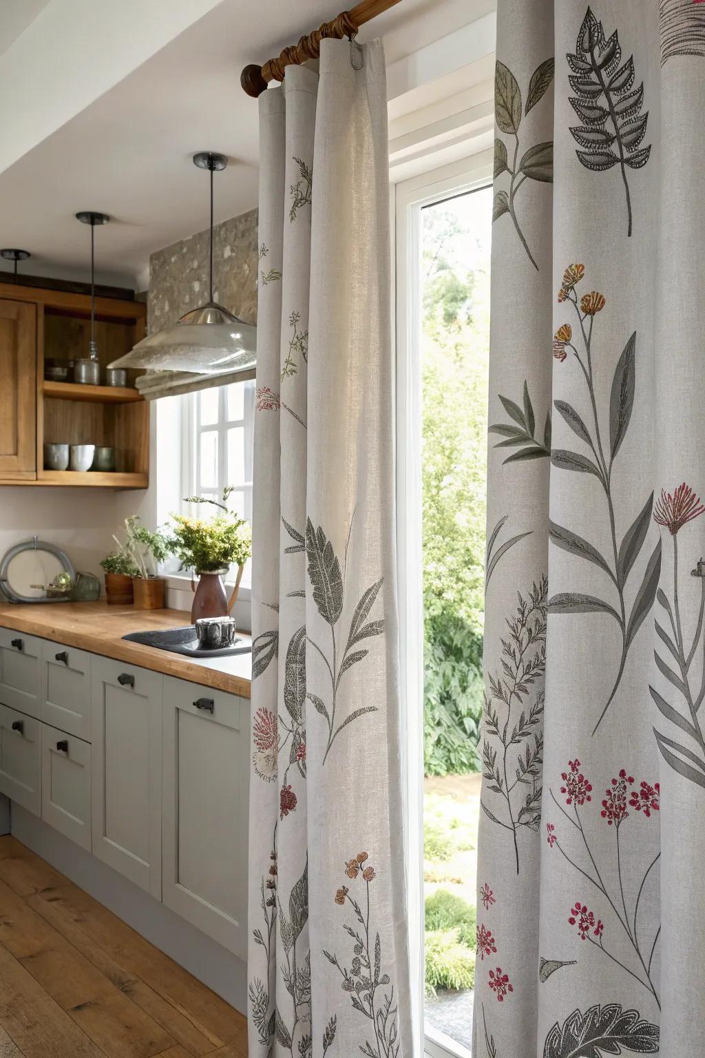 Nature-inspired prints on ash drapes for a soothing cooking space atmosphere.