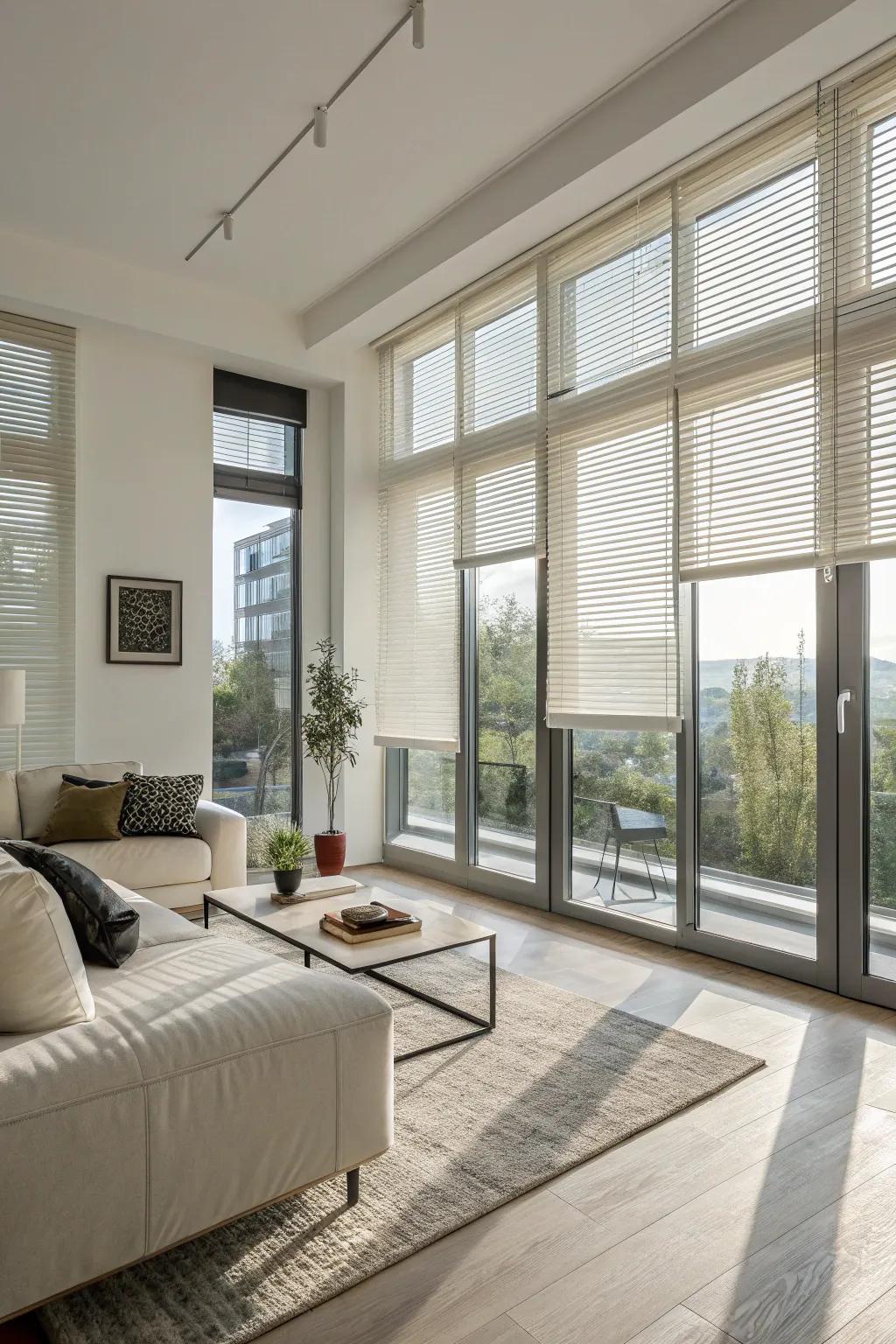 Integrated blinds yield a streamlined aesthetic within this modern, minimalist living area.