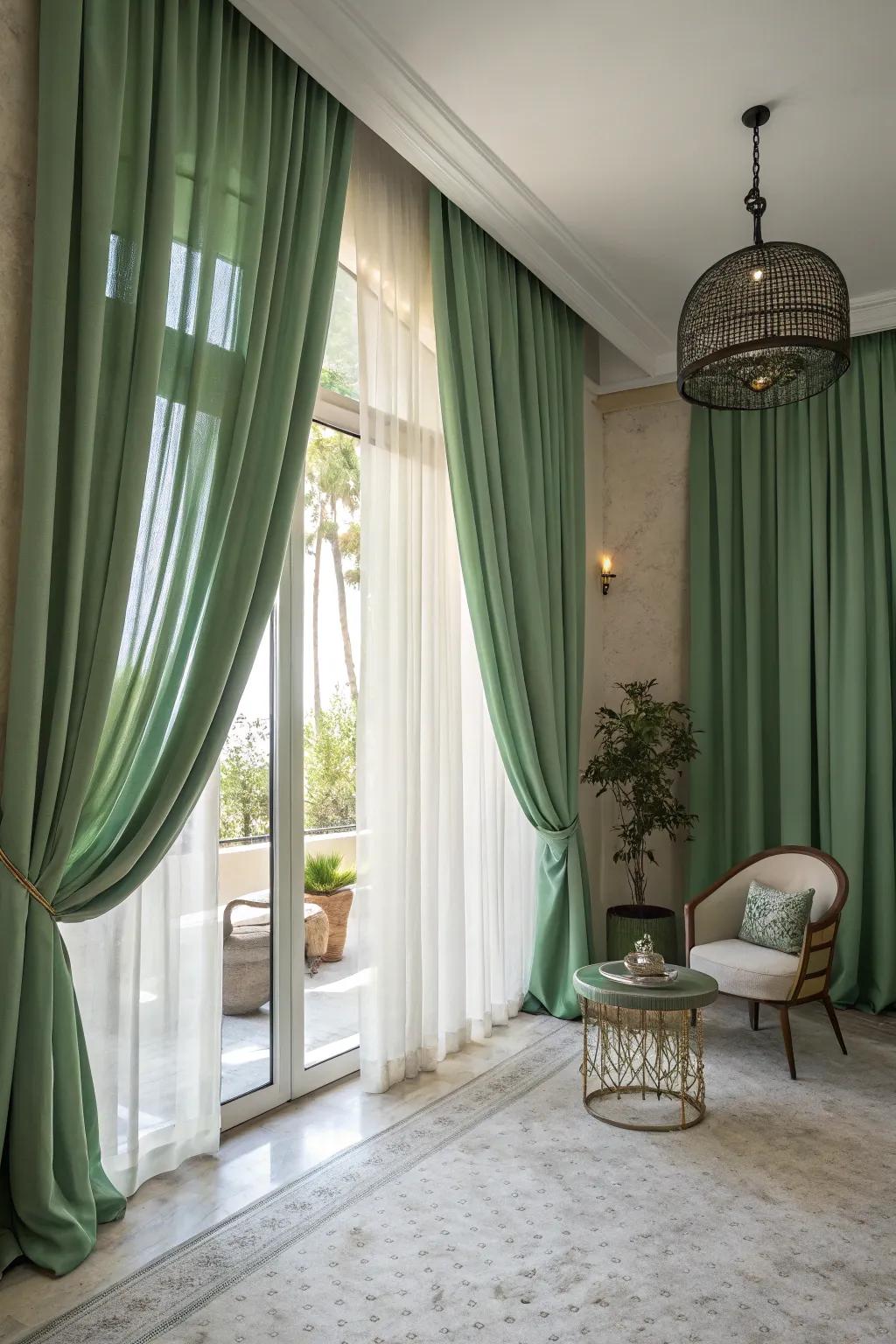 Green coverings introduce elegance and softly filter light.