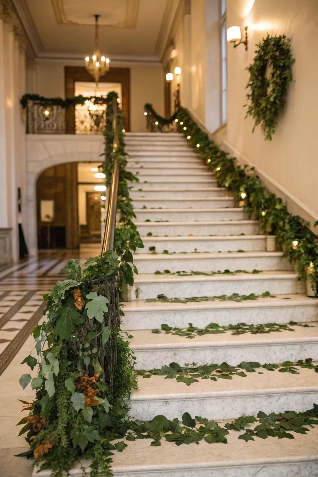 Leaf garlands transform a staircase into a lush escape.