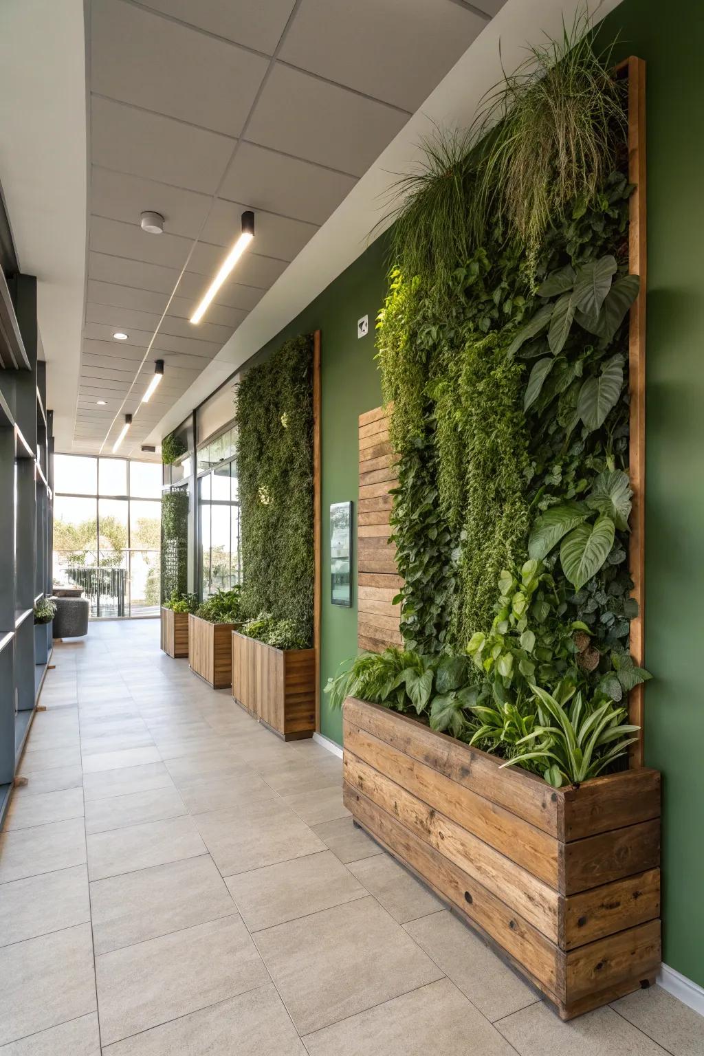 A green wall featuring eco-conscious materials for a sustainable look.