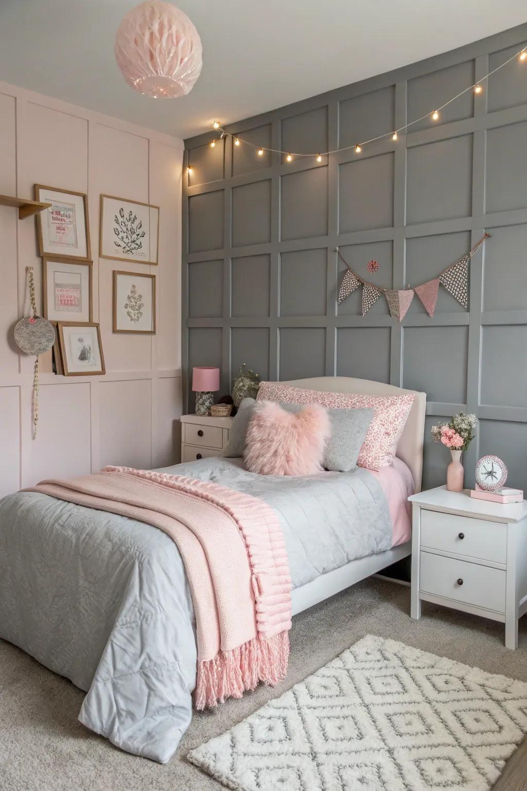 Rouge hued accents adding a sense of romance to a grey-painted feature wall.