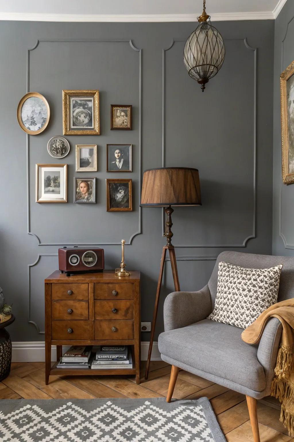 A vintage-inspired room with a grey accent wall.