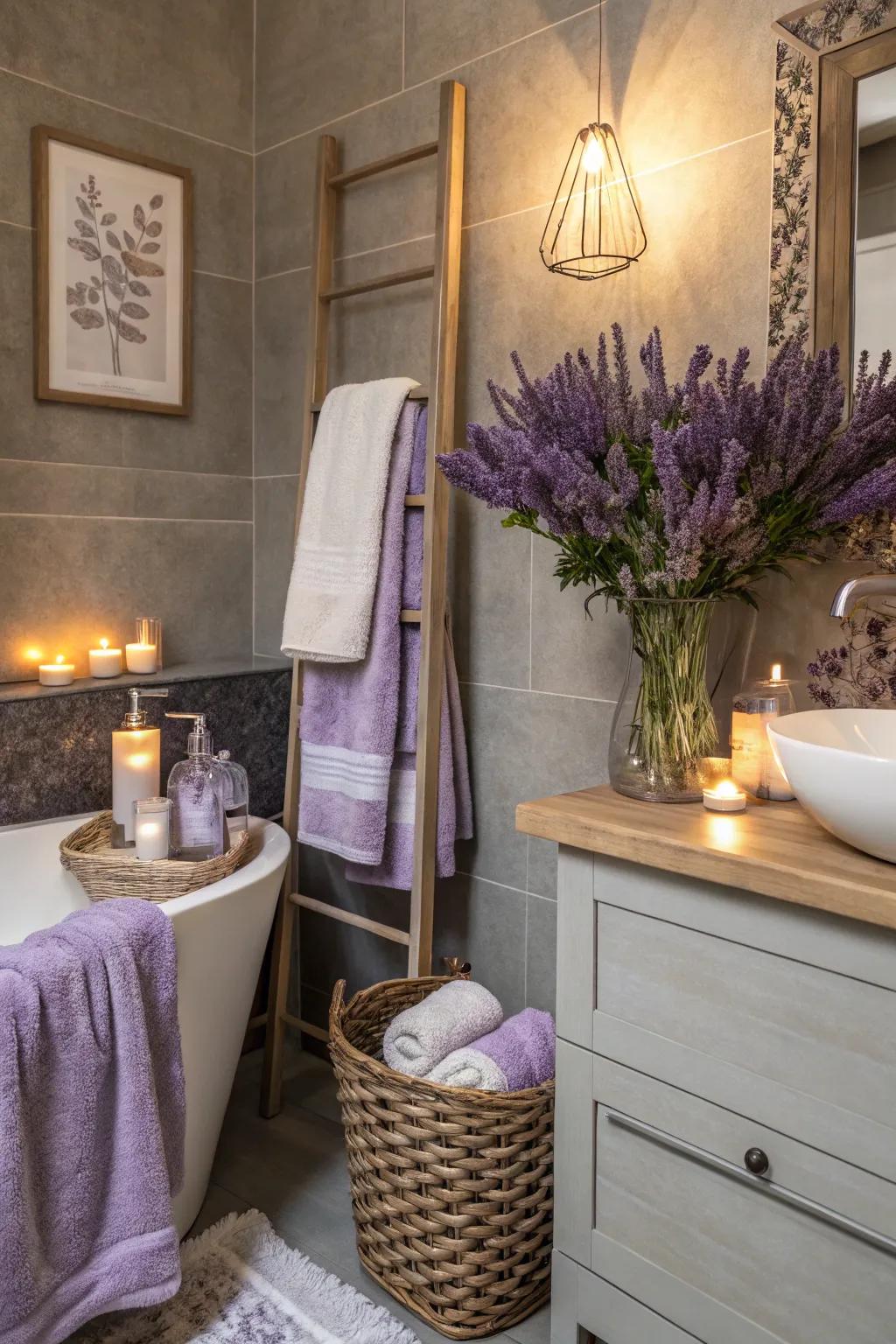 Grey and lilac establish an unexpectedly stylish and soothing bathroom.