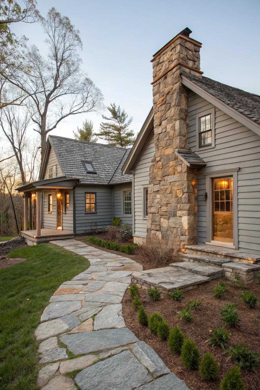 Rough stone elements add an earthy touch to grey exteriors.