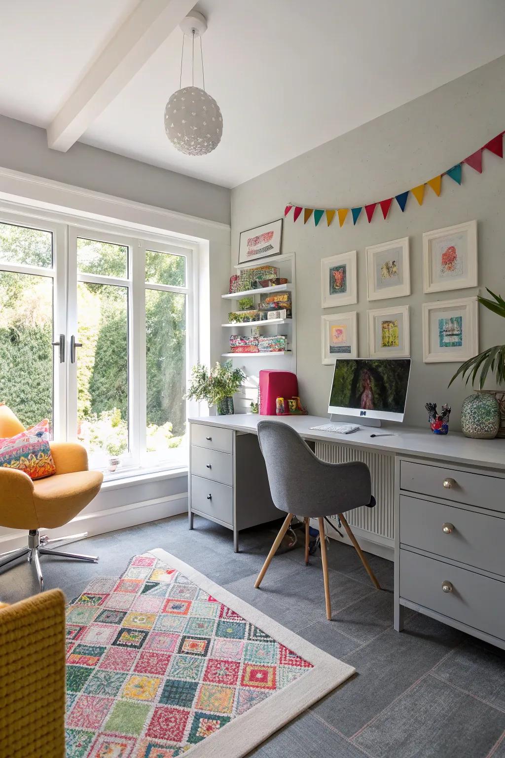 Greyish painted floors bring a fresh and bright look to this home office.