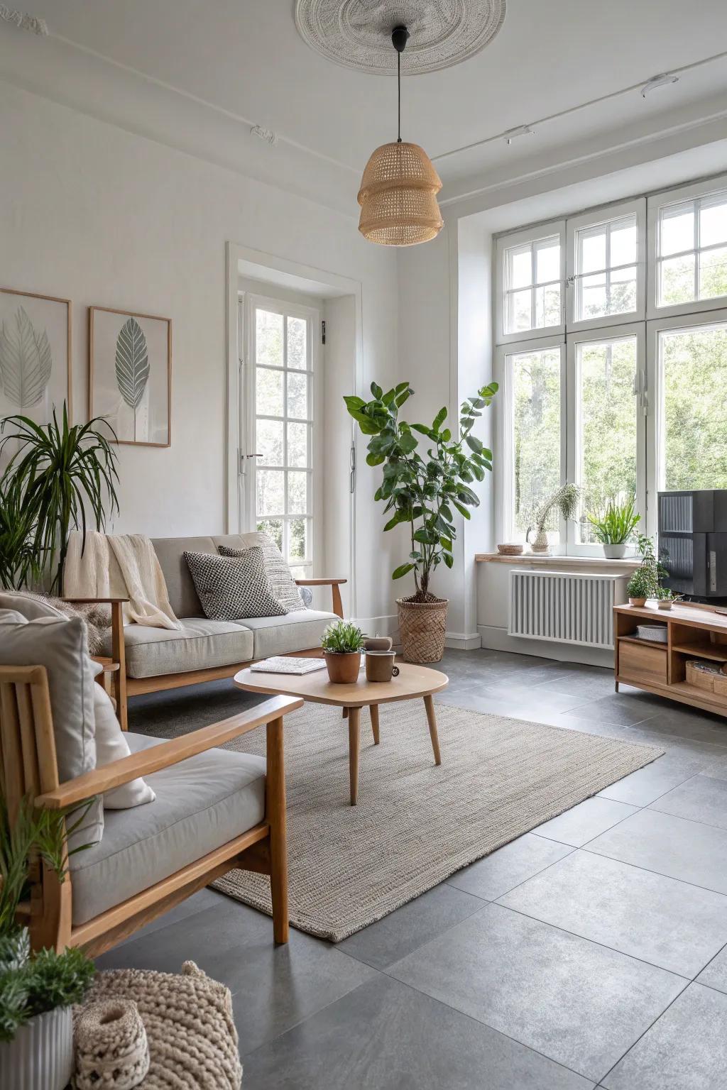 Scandinavian simplicity enhances grey floors.