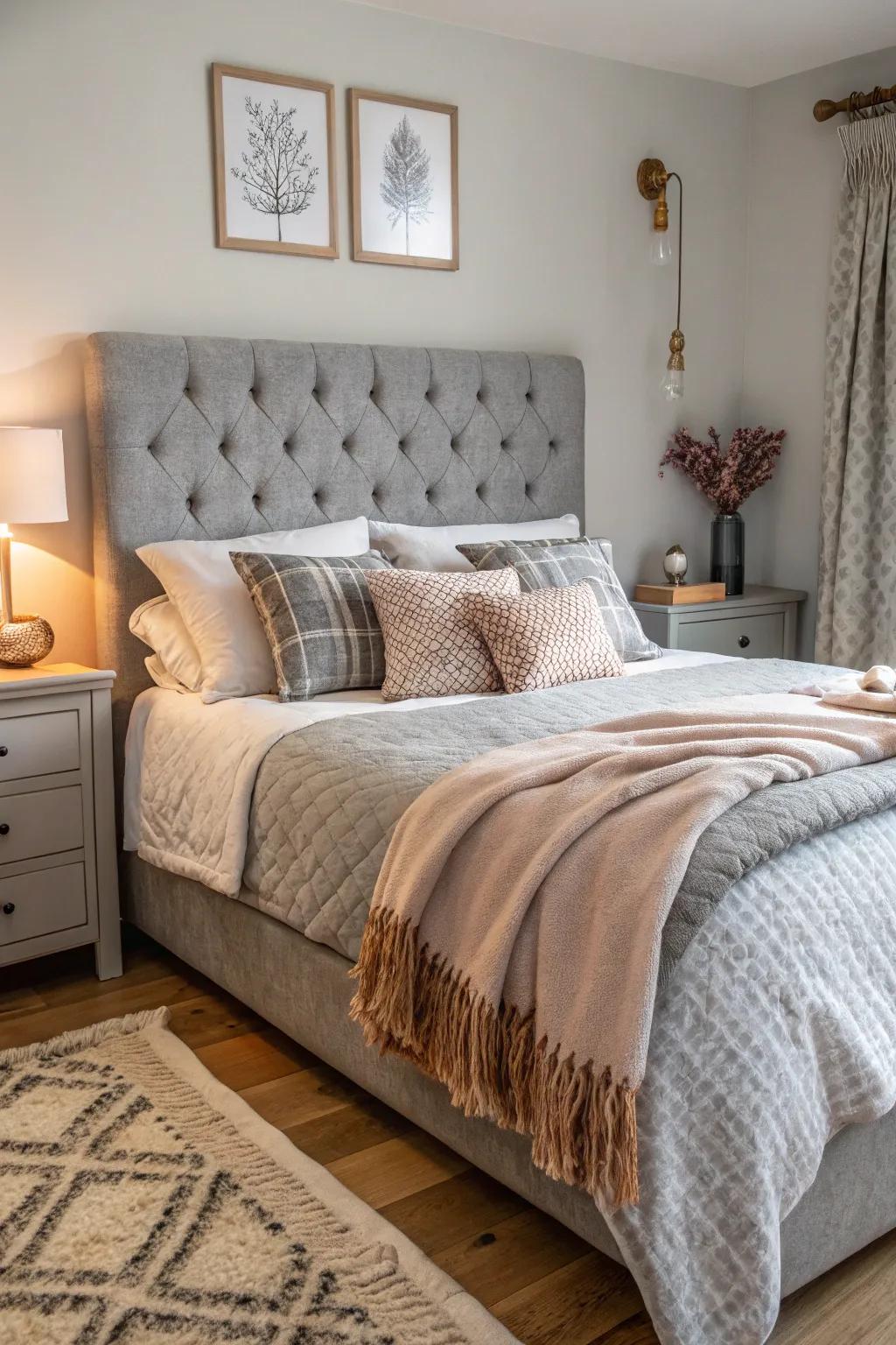 Varied surfaces bring depth and warmth to a bedroom with a stone-toned headboard.