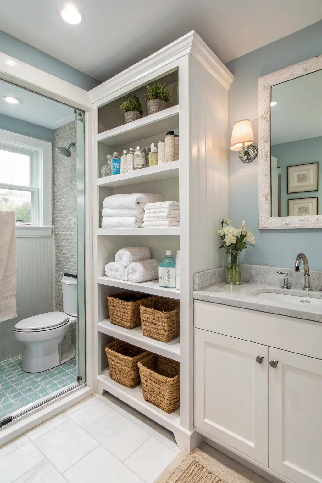 A guest bathroom with innovative storage solutions, featuring built-in shelves.