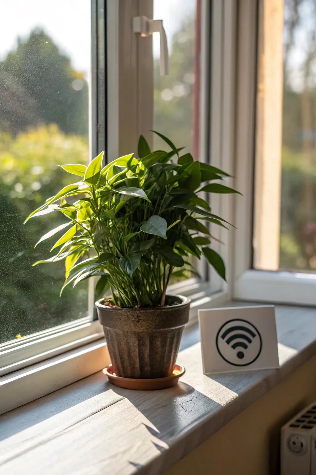 A potted plant accentuating the aesthetics of a WiFi sign in a luminous window area.