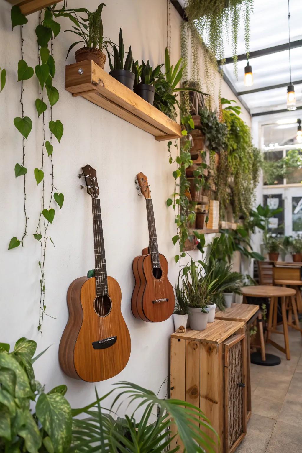 Instruments presented alongside flora, appending a natural nuance.