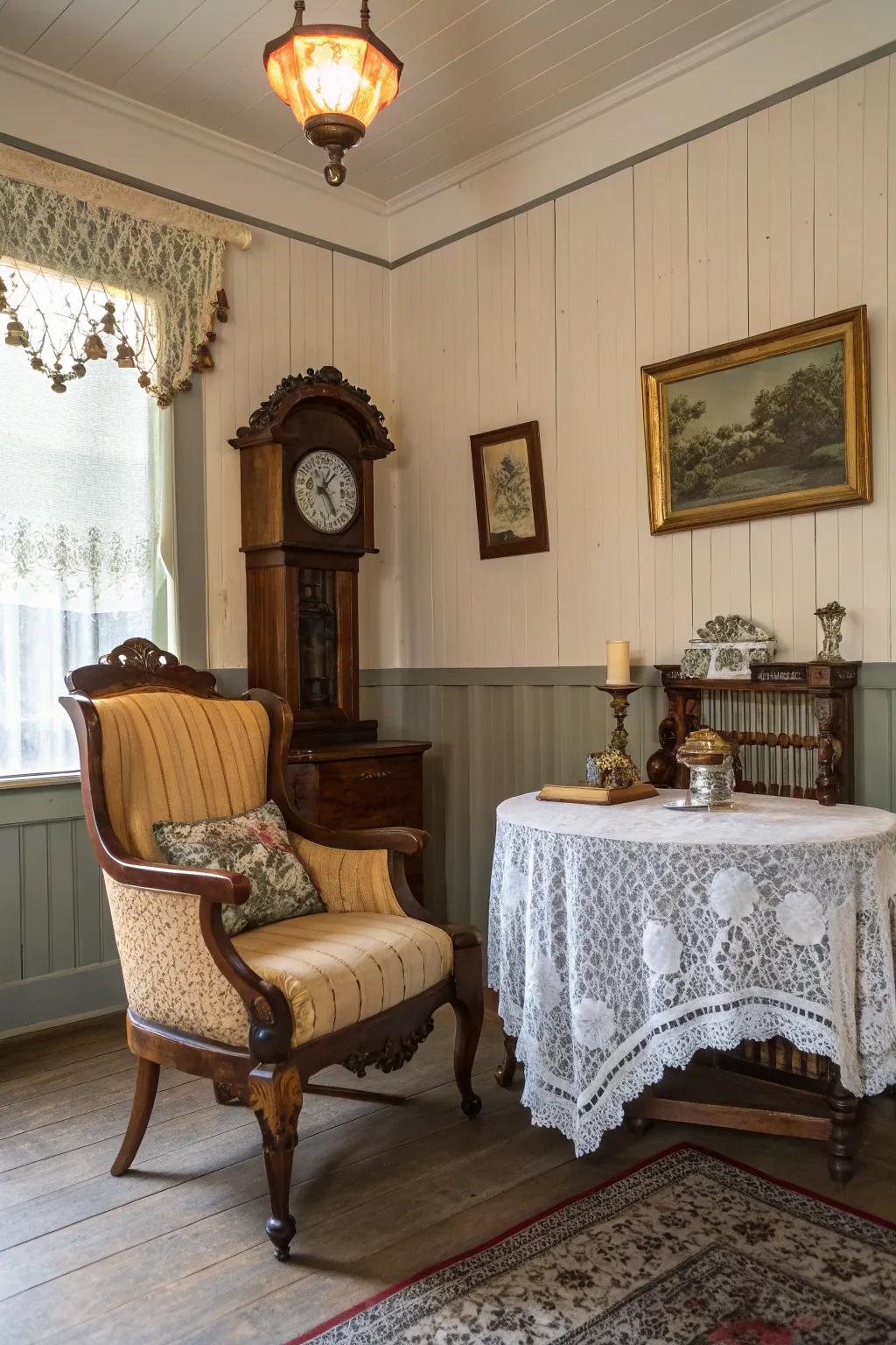 Elaborate chair rails and paneling evoke vintage charm.