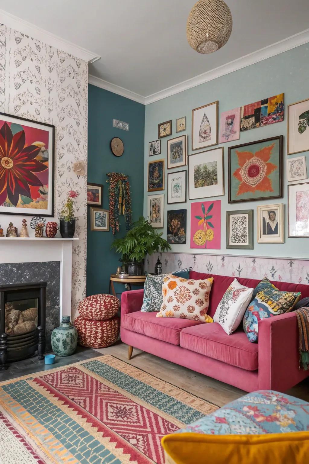 An eclectic lounge featuring intermingled wallcovering designs and contrasting coating, showcasing audacious flair.