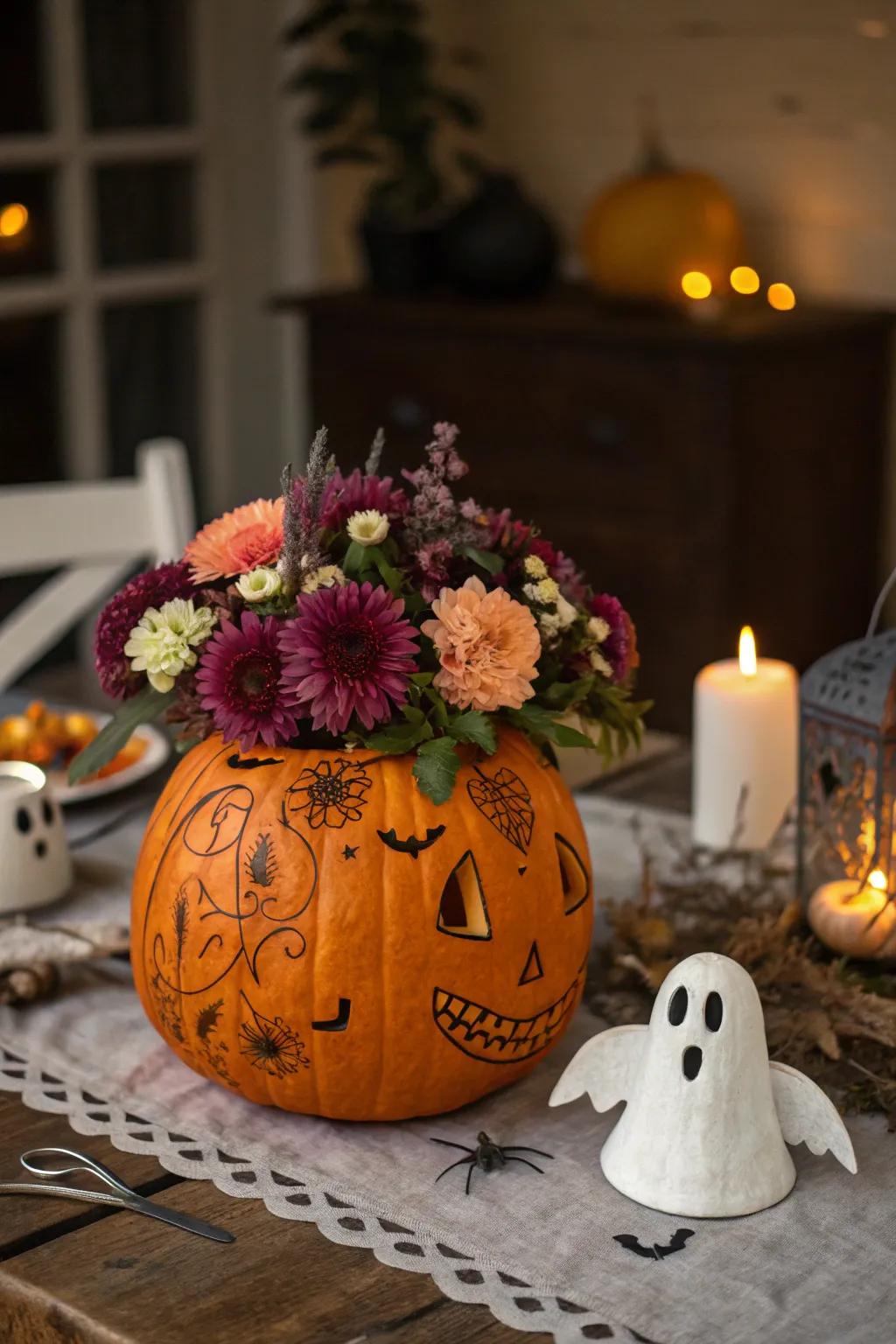 Pumpkin centerpieces bring a seasonal charm to the table.