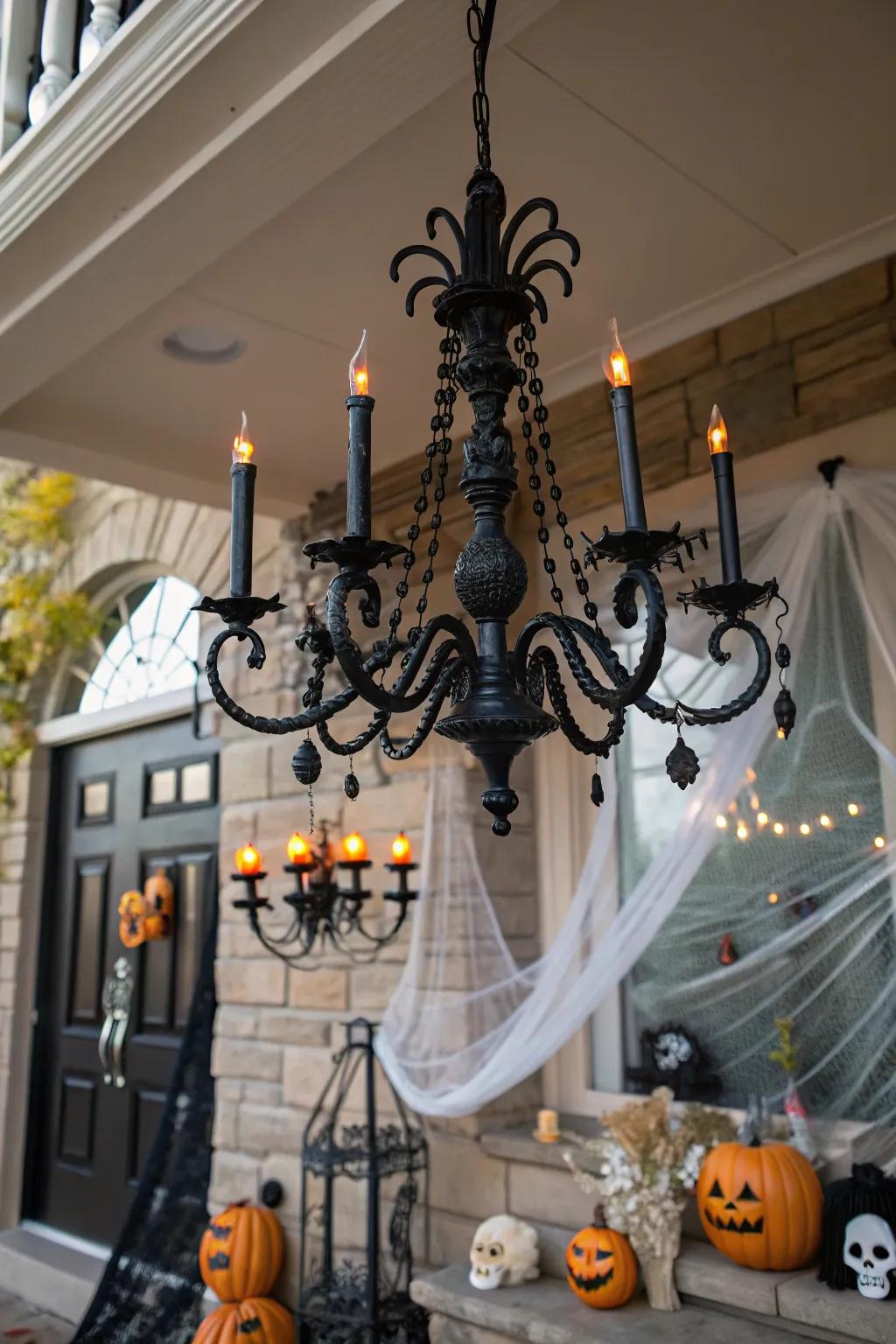 An obsidian chandelier establishes a haunting atmosphere for Halloween.