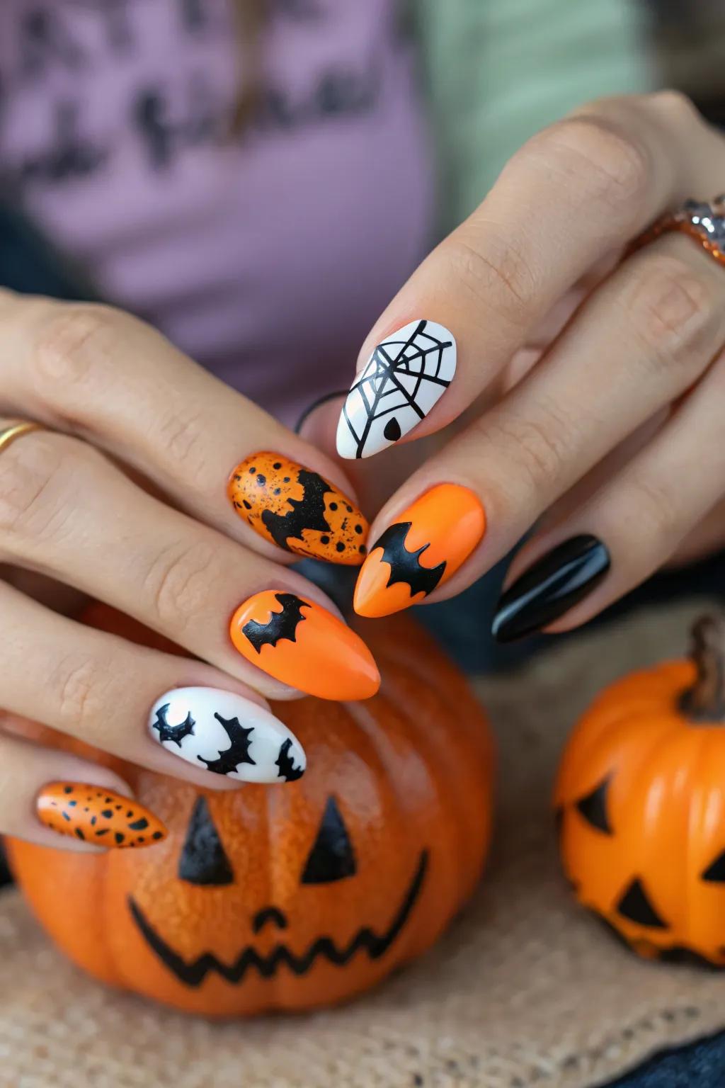 Decorative film nail art introduces a spooky touch to your Halloween style.