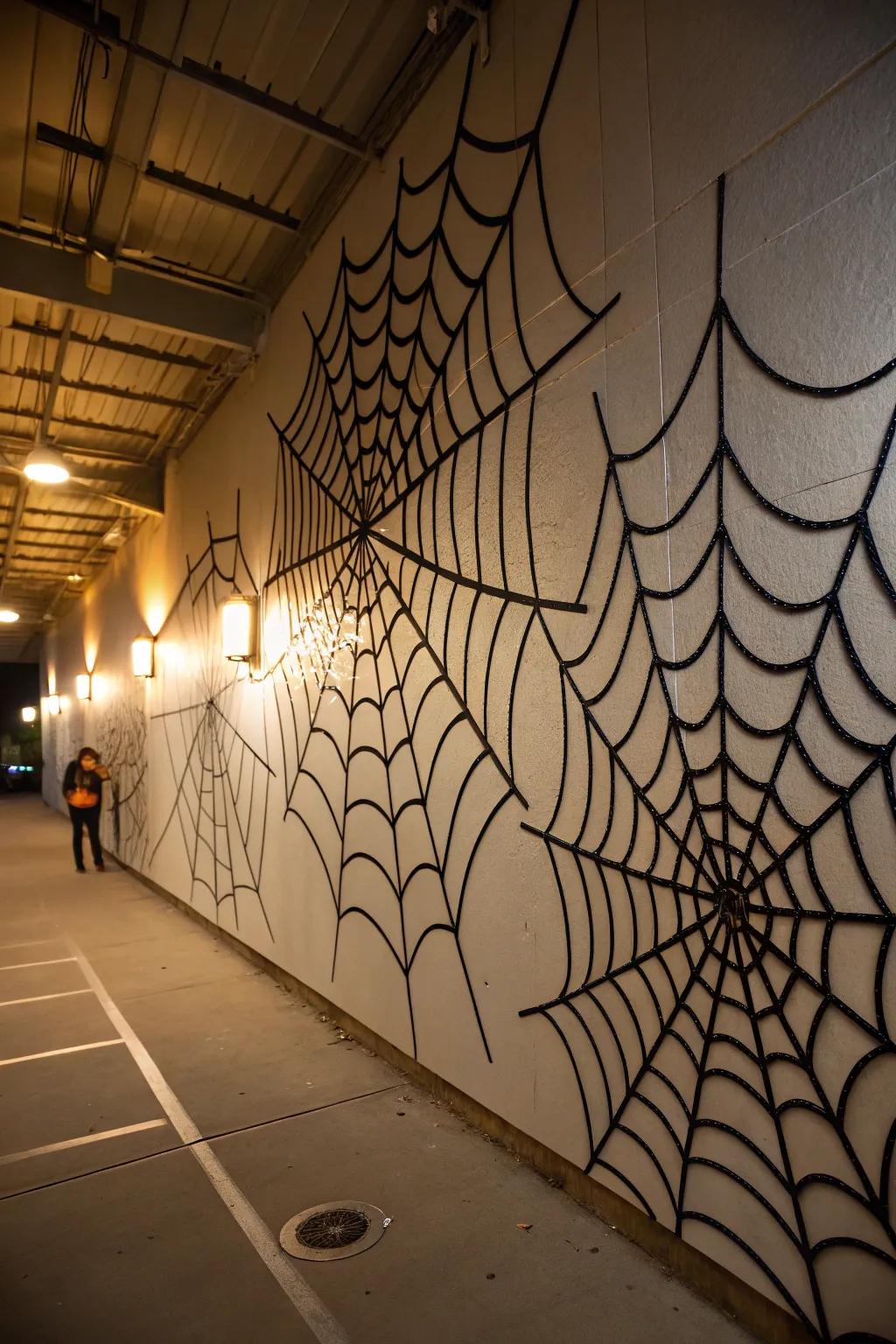 Arachnid web wall art fashions a dramatic Halloween spectacle.