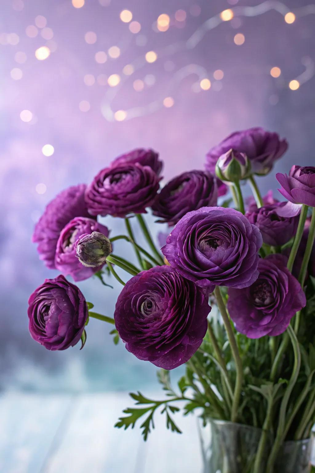 Violet buttercups contribute an enchanting sophistication to bunches.