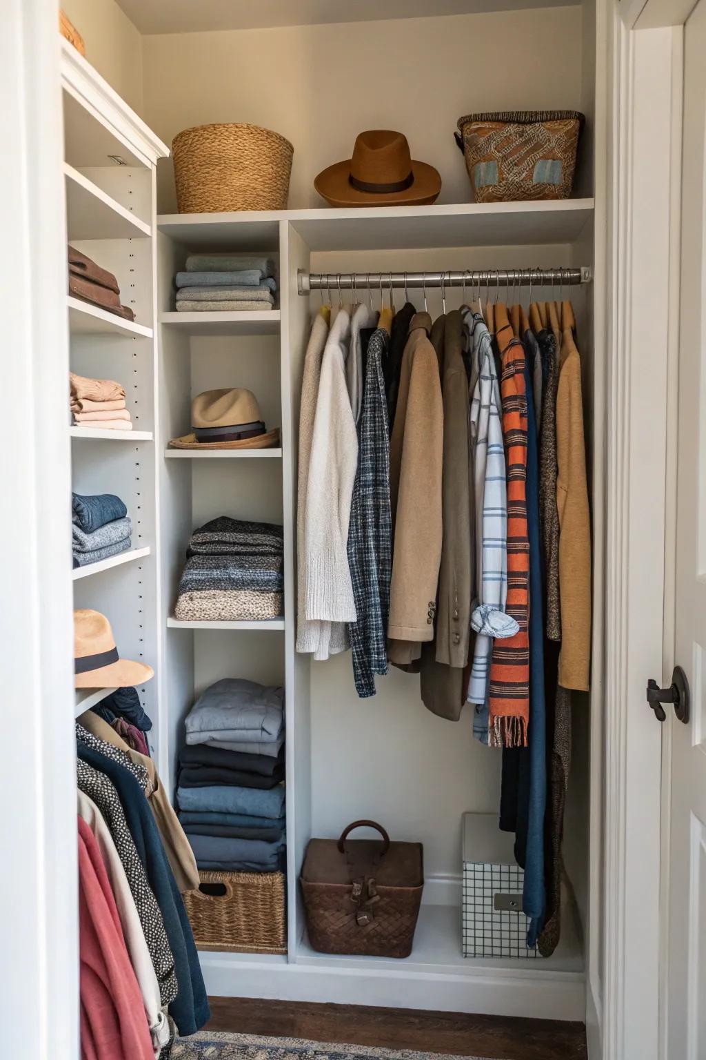 A system for changing with the seasons in a hallway closet, so you can get to items at the right time and keep things in order.