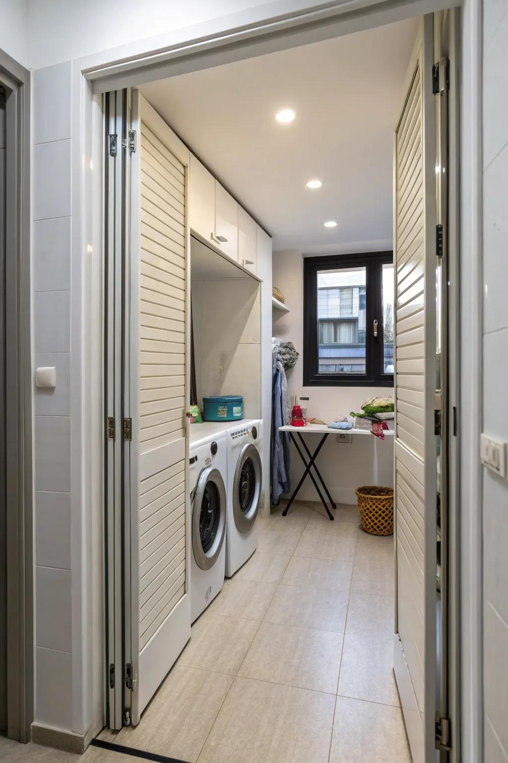 Accordion doors provide versatile access to a compact hallway laundry space.