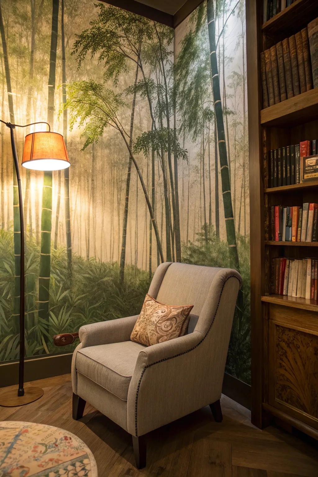 A bamboo copse mural fashions a zen-esque retreat.