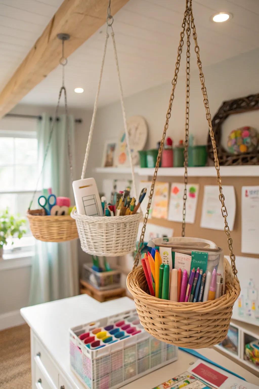 Keep your craft supplies organized with hanging baskets.