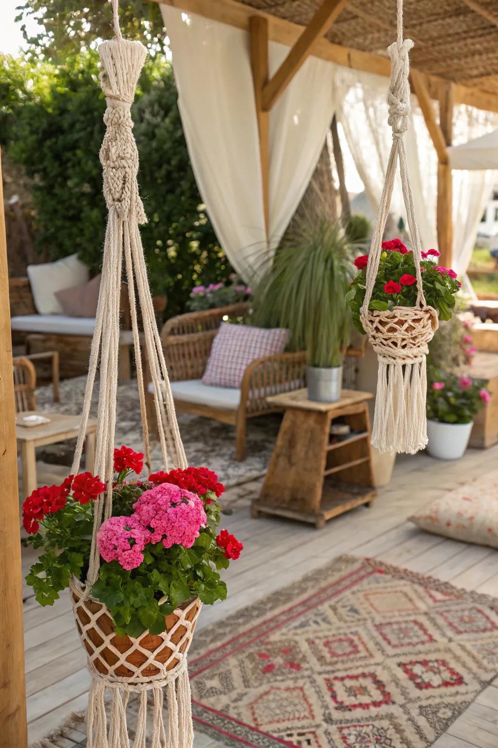 Macramé hangers usher in a boho ambiance to geraniums.