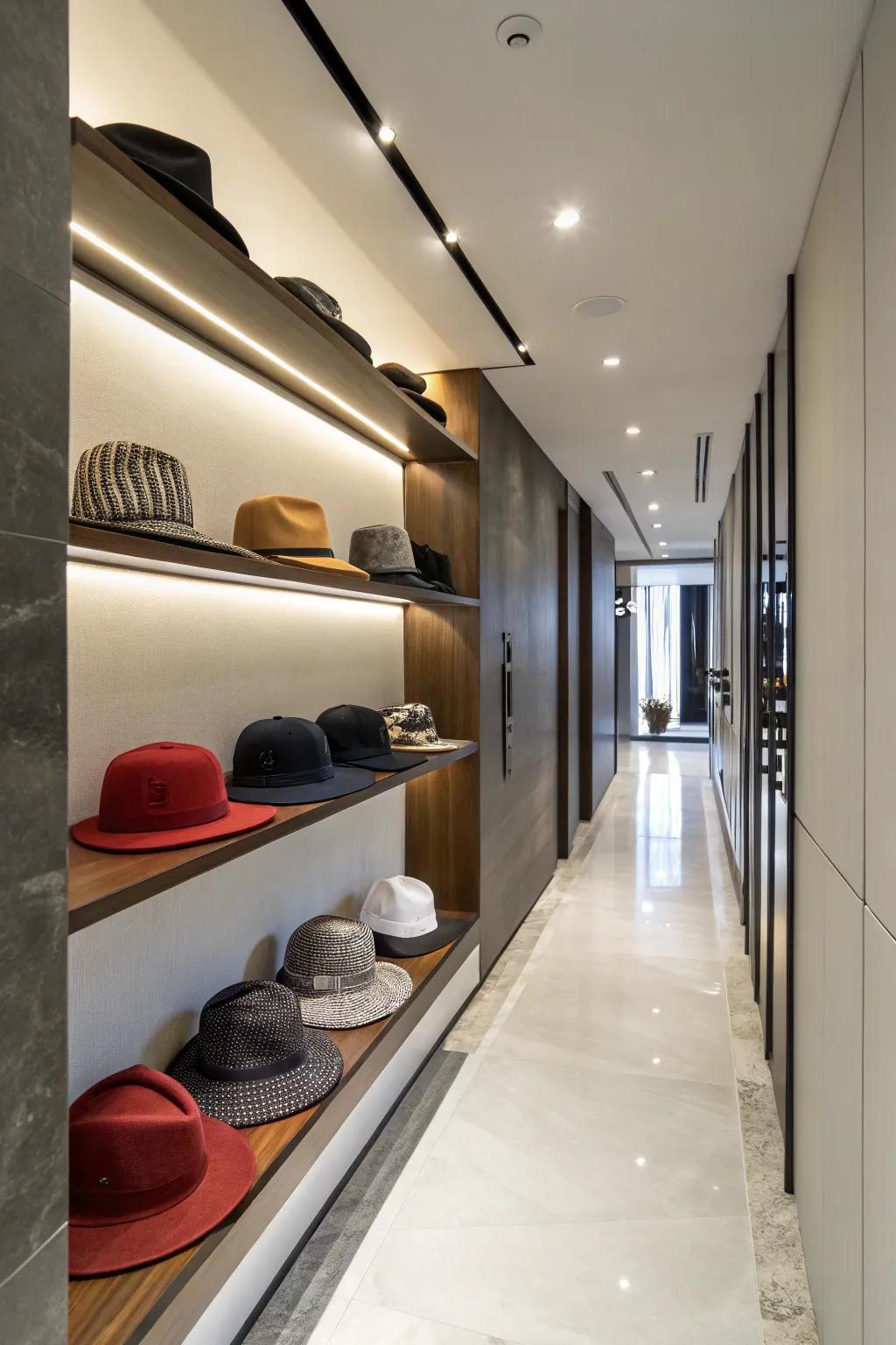 Hats exhibited on floating shelves.