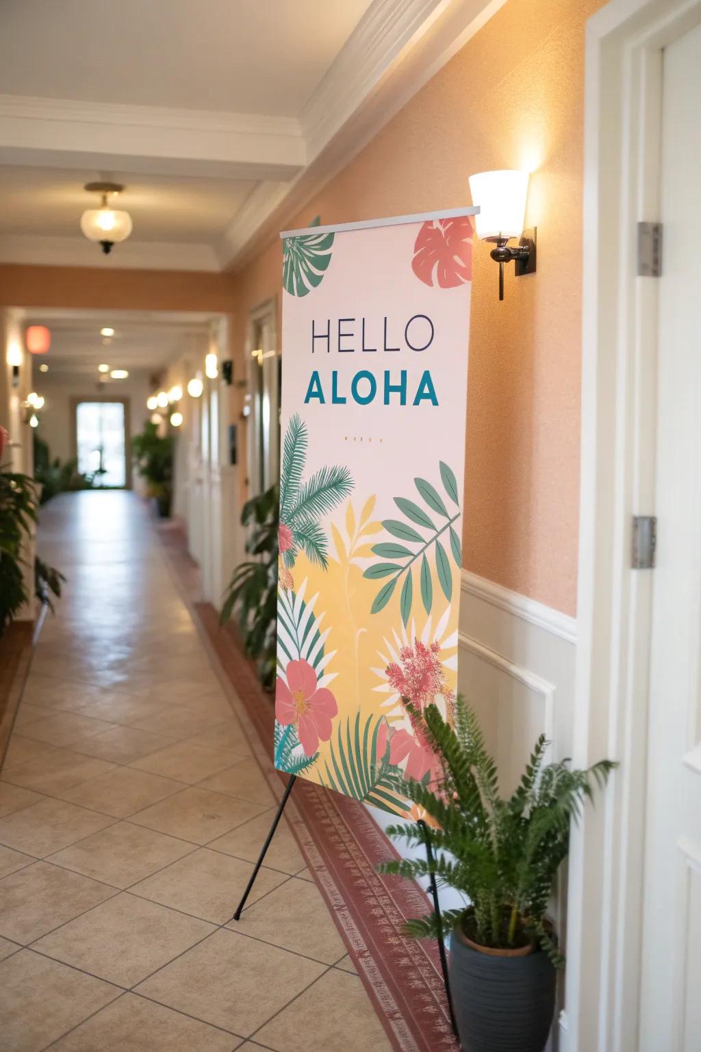 A print with 'Hello Aloha' text providing a warm welcome inside a hallway.