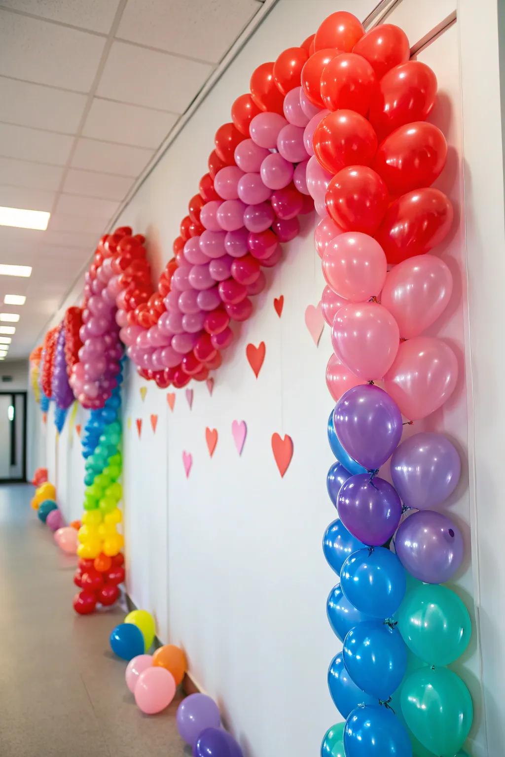 A vibrant heart balloon wreath conveys joy.