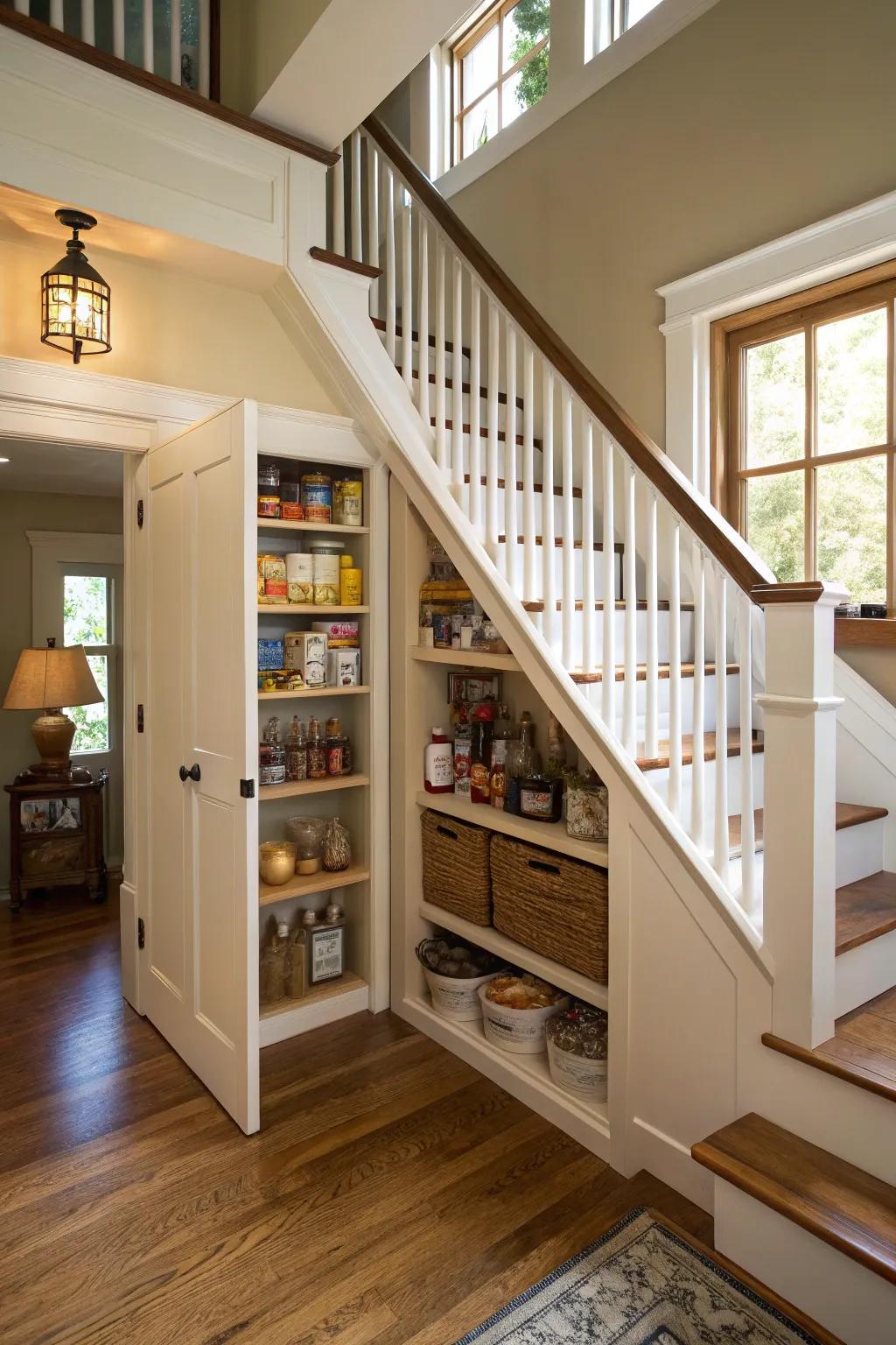 A concealed larder ingeniously tucked from view beneath the staircase.