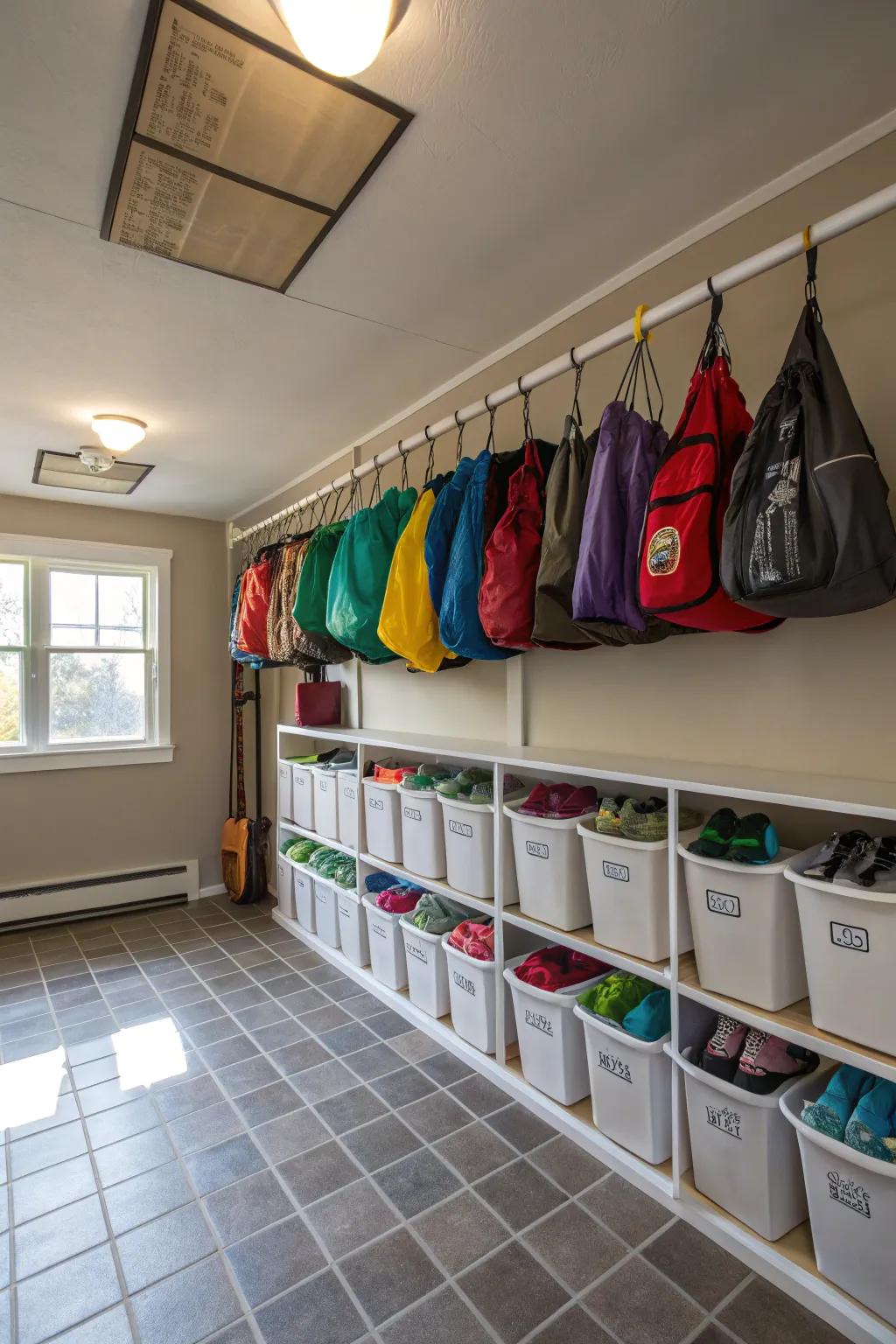 Overhead shoe bags maximize vertical space for seasonal storage.