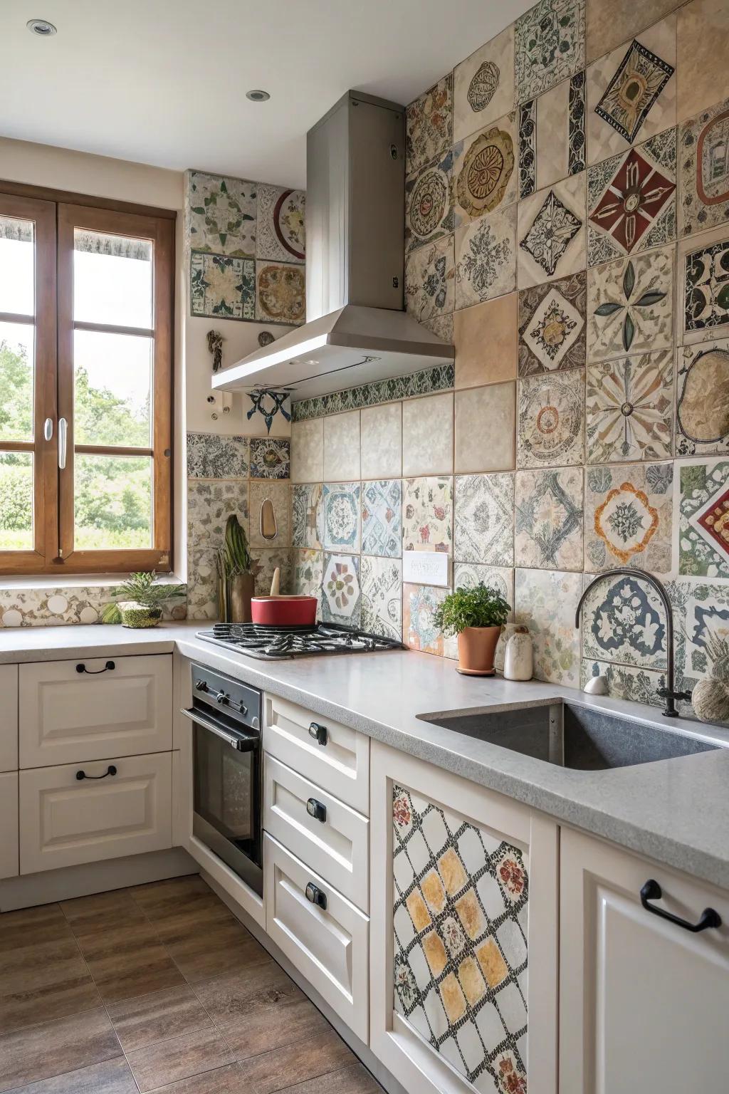 Eclectic tile mix enhances the unique aspect of a backsplash.
