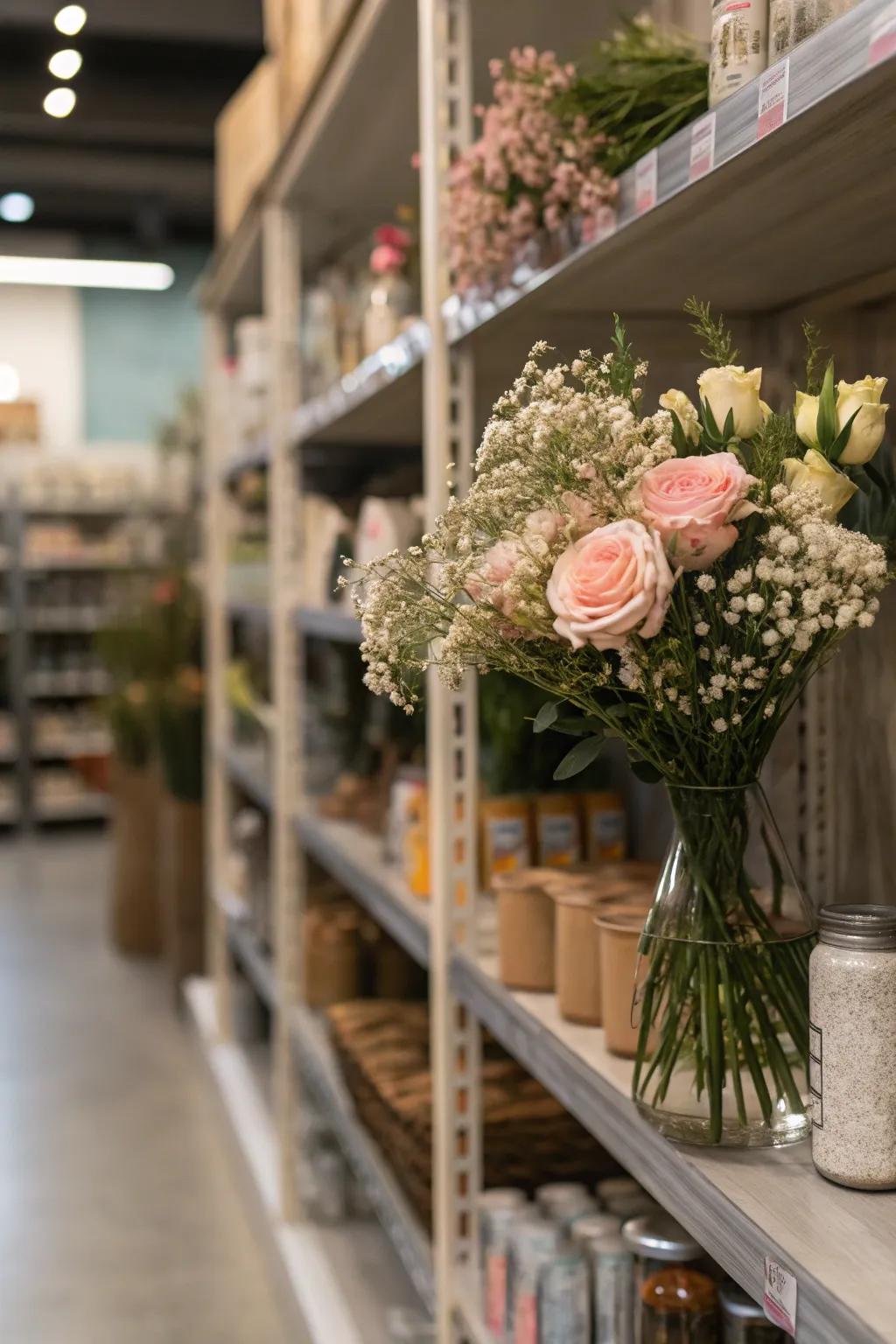 Botanical formations infuse texture into weightless shelves.