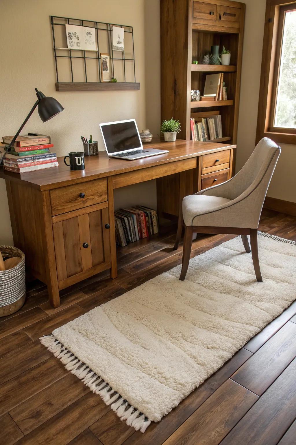 Rugs define spaces and inject texture into a home office.